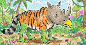 student created creature with parts from a lizard, tiger, rhino, hawk and raccoon