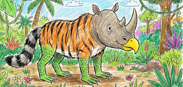 student created creature with parts from a lizard, tiger, rhino, hawk and raccoon