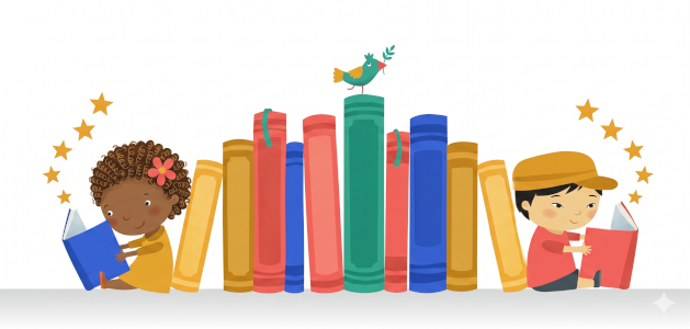 image of kids reading on each side of a shelf of books